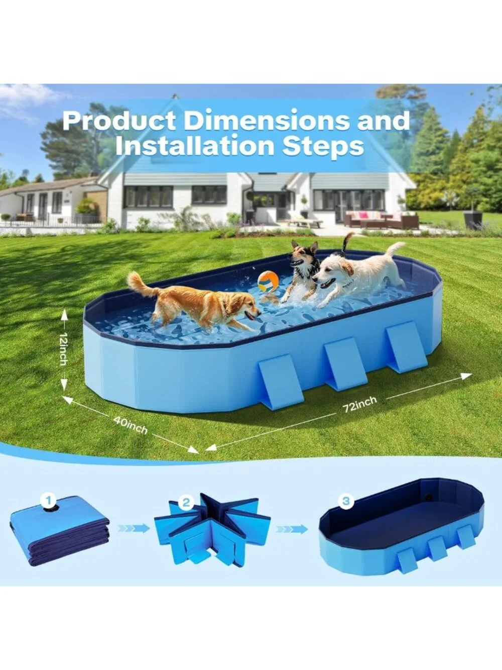 Large Foldable Dog Pool 72'' - Portable Pet Bath Tub with Reinforced Sidewalls